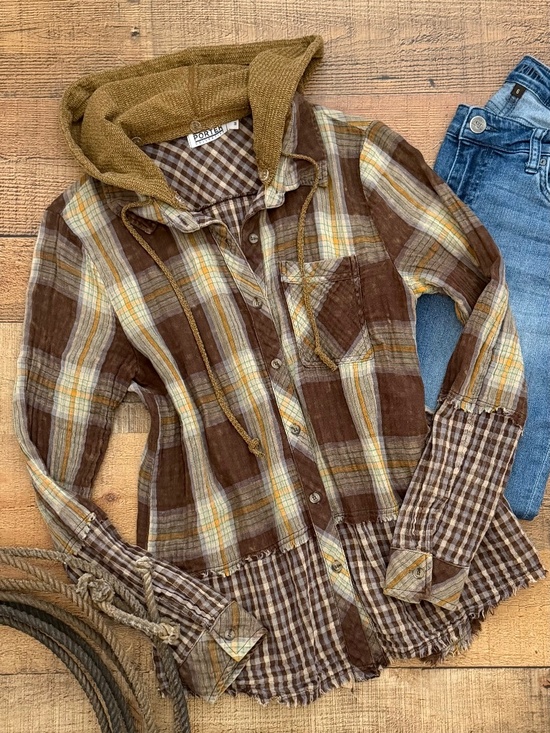 Tops - Hooded Button-Up Shirt Soft Plaid Raw Hemline